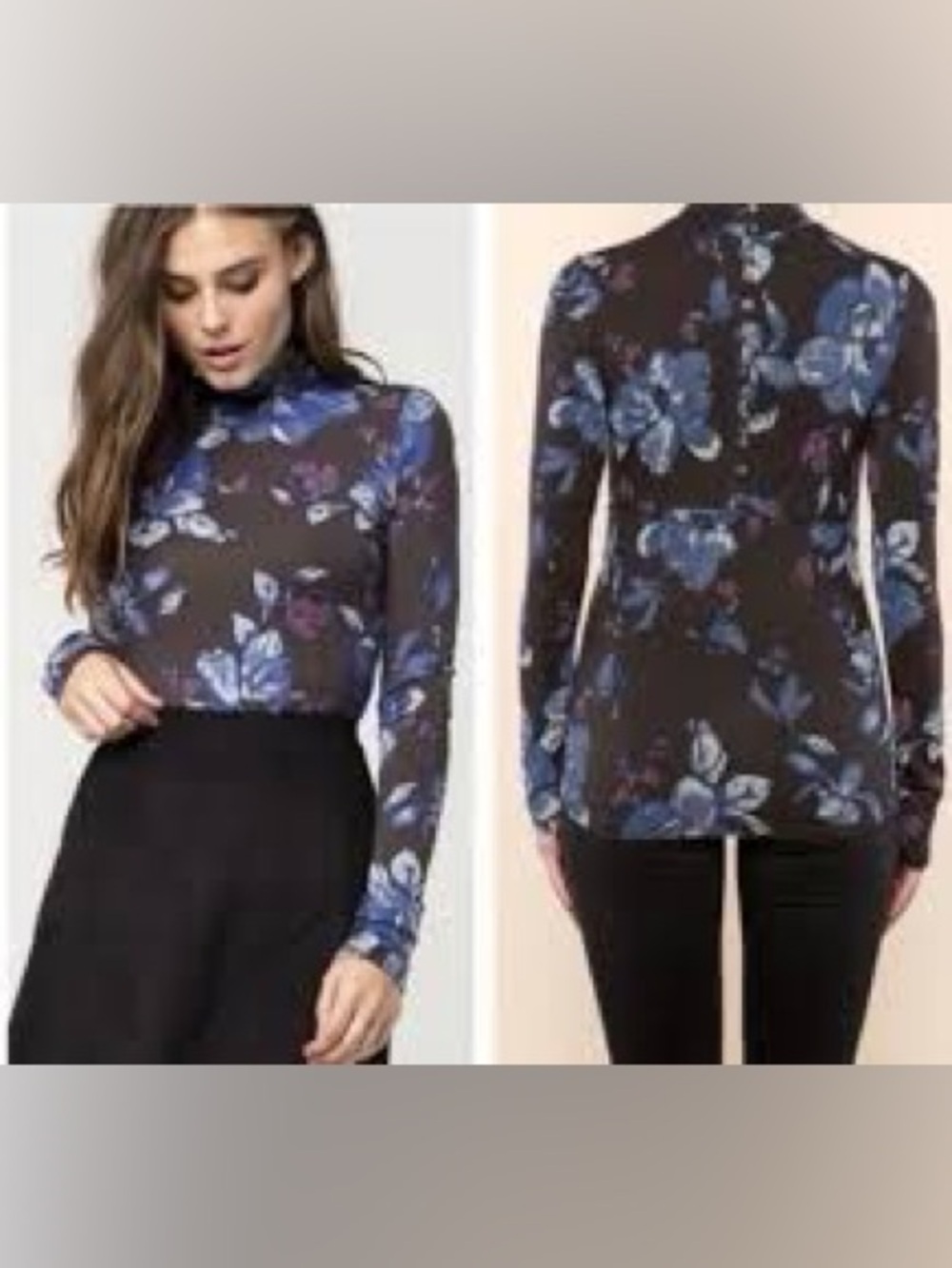 Free People long-sleeve button back mock neck fitted silhouette floral Medium